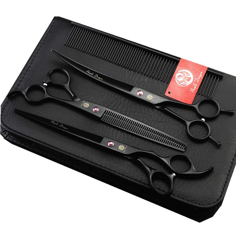 Purple Dragon 8.0 inch Dog Hair Cutting, Curved and Thinning Scissors Shear Pet Grooming Tool Kit